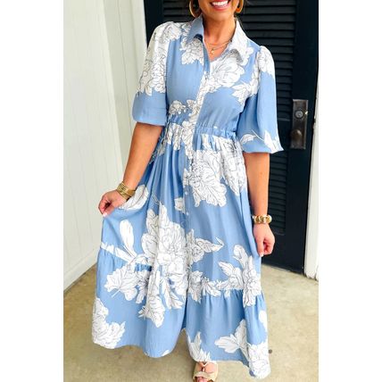 Sky Blue Floral Print Shirt Collar Button Down 3/4 Sleeve Ruffle Hem Long Dress