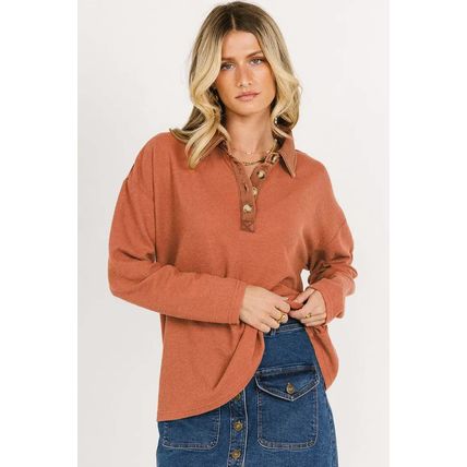 Gold Flame Solid Color Long Sleeve Thermal Knit Polo Collar Patchwork Top