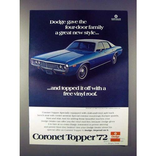 1972 Dodge Coronet Topper Car Ad - Great New Style!