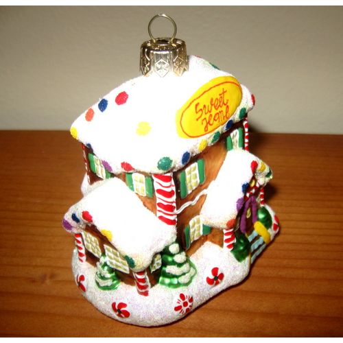 Glass Christmas Ornament: SWEET HOME Glittery Snow Covered Gingerbread House