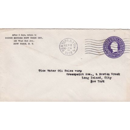 Dodge Motors NY to Tide Water Oil NY local Cover United States 1932 typed VGC
