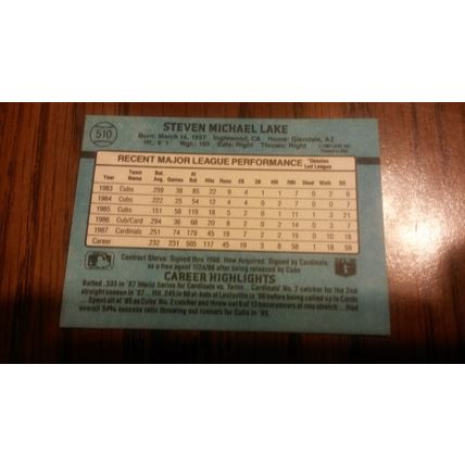 1988 Donruss Card # 510 Steve Lake Excellent (5) St Louis Cardinals