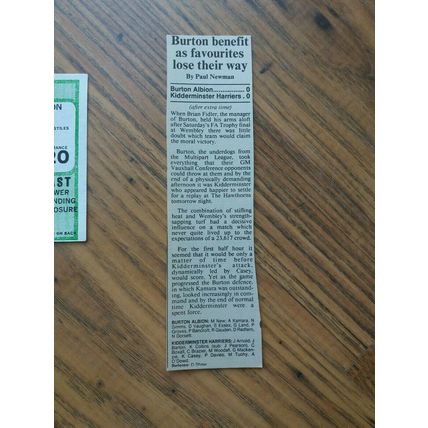 1987 FA Trophy Final Programme,Ticket & Newspaper – Burton A v Kidderminster H