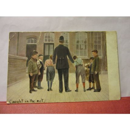 CAUGHT IN THE ACT, POLICEMAN & BOYS , HUMOUR used antique postcard 1906 pm #