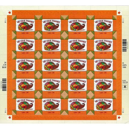 Thanksgiving Pane of Twenty 34 Cent Postage Stamps Scott 3546