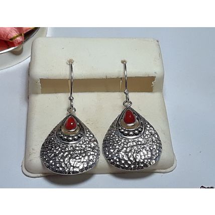 Teardrop Carnelian hammered Sterling Silver french drop shield Earrings #18673