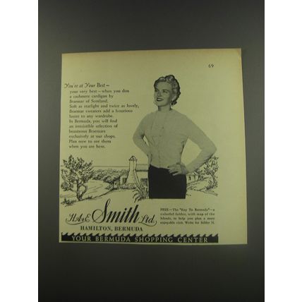1956 H.A. & E. Smith Braemar Cashmere Cardigan Ad - You're at Your Best