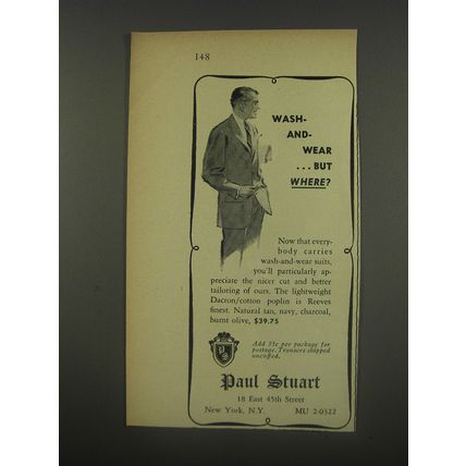 1956 Paul Stuart Suit Ad - Wash-and-wear ..but where?