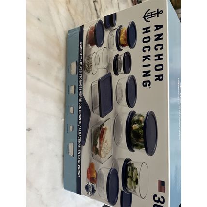 Anchor Hocking Clear Glass Storage Oven And Frezzer with Navy Lids 30 Pieces