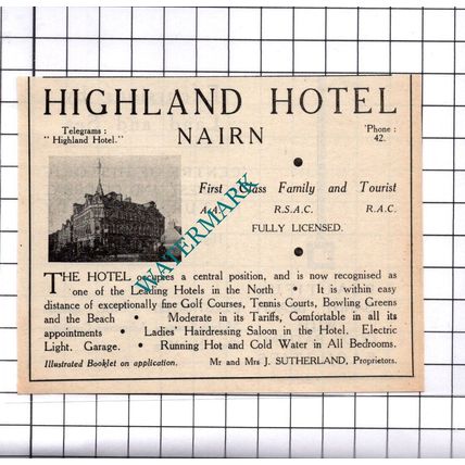Highland Hotel Nairn Sutherland Small Advert - 1939 Cutting / Print