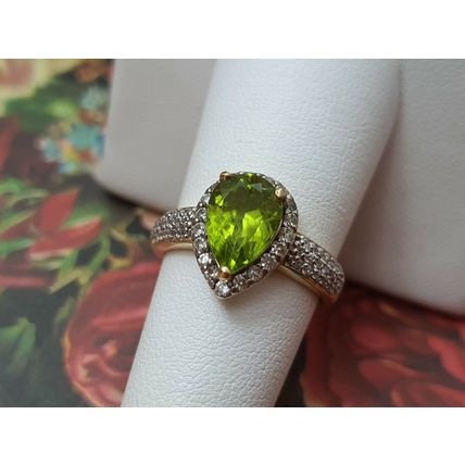 2.5ct Hebei Peridot Zircon Pear Halo Ring Size O 14k Gold Over 925 Solid Silver