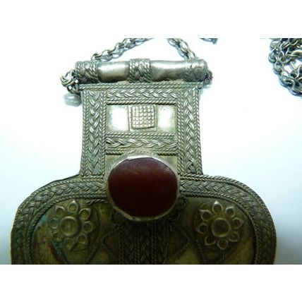 Antique Low Silver Turkoman Turkeman Heart Pendant w/Cornelians, 10.5 x 7.1 cm