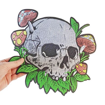 Very Large Skull Iron On Patch Mushrooms 29 cm x 27 cm Back Patch Biker P695
