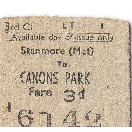 London Transport Rapidprinter Ticket - Stanmore (Met) to Canons Park