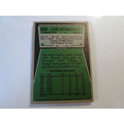 1975 Topps Football Card # 488 Jan Stenerud Very Good (3) Kansas City Chiefs