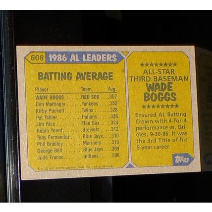 TOPPS 1987 WADE BOGGS AMERICAN LEAGUE ALL-STAR BASEBALL CARD #608