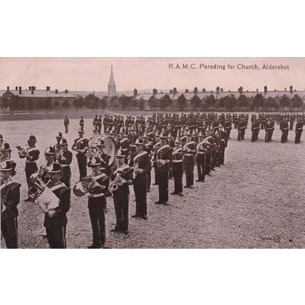 EC769 ALDERSHOT - R.A.M.C. PARADING FOR CHURCH. R/P POSTCARD