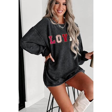 Black Sequin LOVE Chenille Embroidered Graphic Corded Sweatshirt