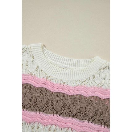 Brown Stripe Color Block Hollow Out Crochet Half Sleeve Sweater