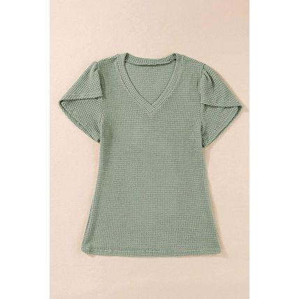 Mist Green V Neck Petal Sleeve Waffle Knit T-Shirt