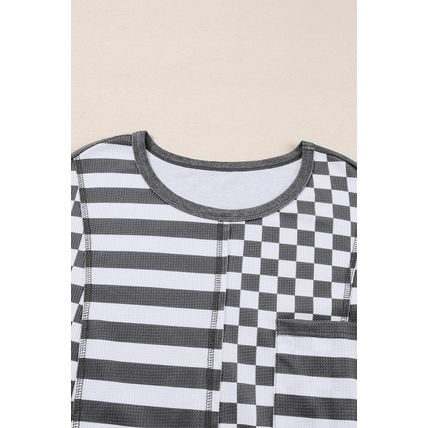 Dark Grey Checkerboard Striped Patchwork Lantern Sleeve Pocketed Blouse