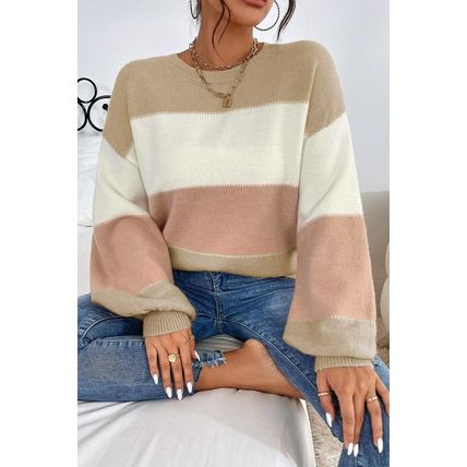 Dusty Pink Color Block Lantern Sleeve Drop Shoulder Sweater