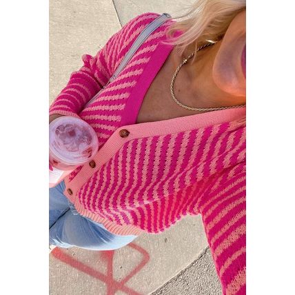 Pink Striped Buttoned V Neck Drop Shoulder Cardigan