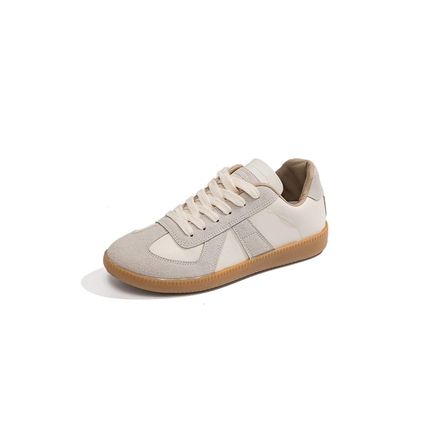 Beige PU Leather Suede Patched Lace-up Flat Shoes