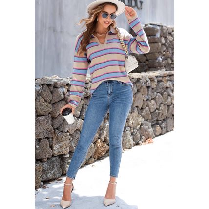 Apricot Stripe Collared V Neck Drop Shoulder Loose Sweater