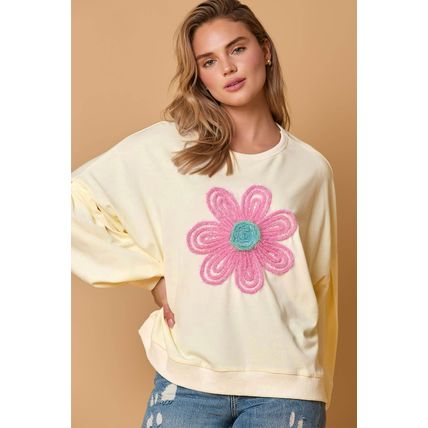 Beige Tinsel Flower Dropped Puff Sleeve Sweatshirt