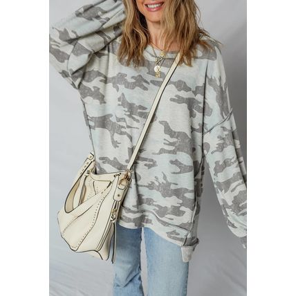 Multicolour Retro Camouflage Print Exposed Seam Patchwork Drop Shoulder Sweatshi