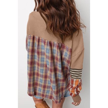 Straw Yellow Waffle Stripe Plaid Patchwork Henley Knit Top