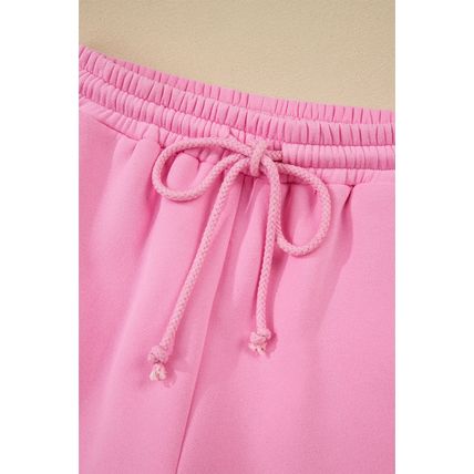 Strawberry Pink Color Block Pullover and Lace-up Elastic Waist Shorts Set