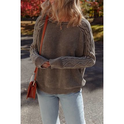 Dark Brown Contrast Cable Knit Sleeve Casual Sweater