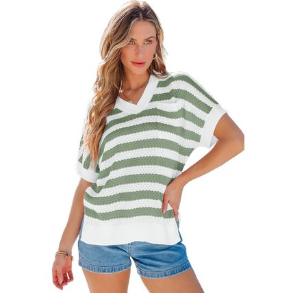 Green Stripe V Neck Short Sleeve Sweater with Side Slits