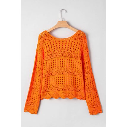 Carrot Solid Color Open Crochet Scallop Edge Sweater