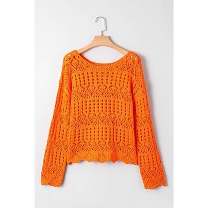Carrot Solid Color Open Crochet Scallop Edge Sweater