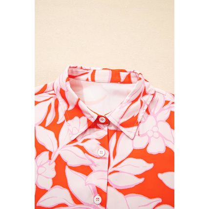 Orange Botanical Print Single Chest Pocket Button Up Shirt