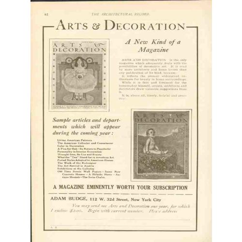 adam budge inc 1911 arts and decoration architect magazine vintage ad