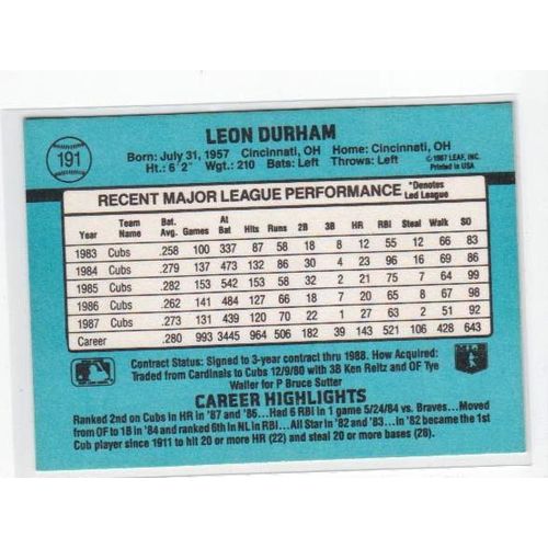 1988 Donruss Leon Durham baseball card #191 – Cubs