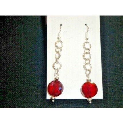 Fire polished deep red round flower cut glass long swing chain drop earrings