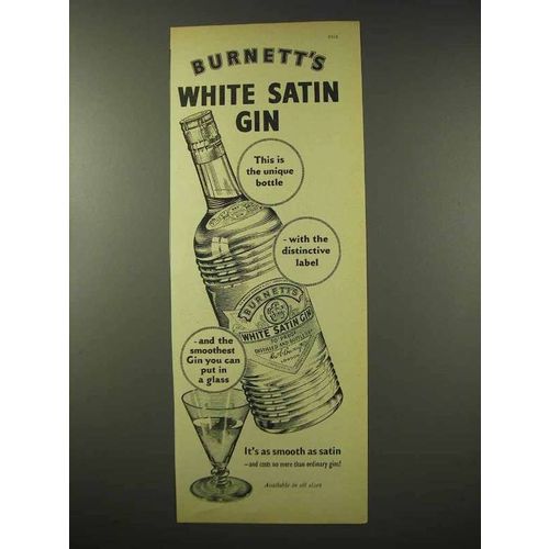 1956 Burnett's White Satin Gin Ad - The Unique Bottle