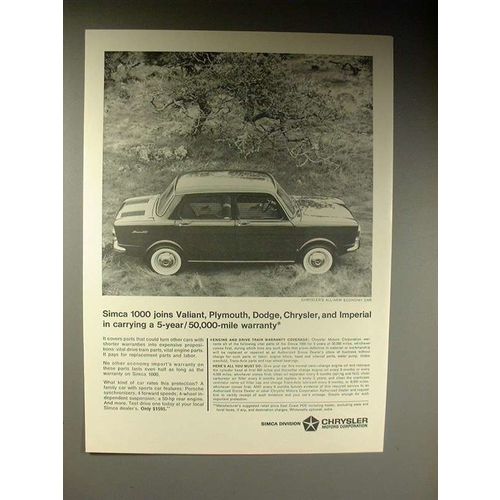 1964 Chrysler Simca 1000 Car Ad - 5-Year Warranty