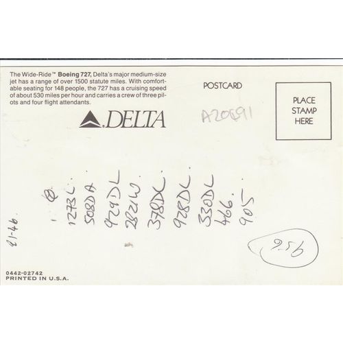 Delta Boeing B727 Civil Aviation Postcard (A20491)