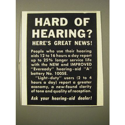 1950 Eveready Hearing-aid Batteries Ad - Hard of hearing? Here's great news