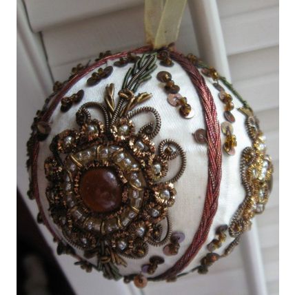 Christmas Ornament: Round Copper Color Beads On Off White Satin Bulb