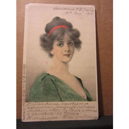 PRETTY YOUNG SWISS LADY used antique postcard in colour 1905 pm switzerland