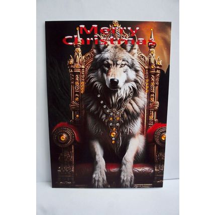 WOLF ON A RED & GOLD THRONE CHRISTMAS CARD AS IT IS OR PERSONALISED & DECORATED