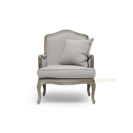 Antiqued Distressed Oak Finish French Lounge Accent Arm Chair Beige-Gray Linen