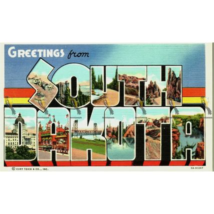 Greetings From South Dakota, USA, Art Colortone Curteich Postcard, 1940/50s